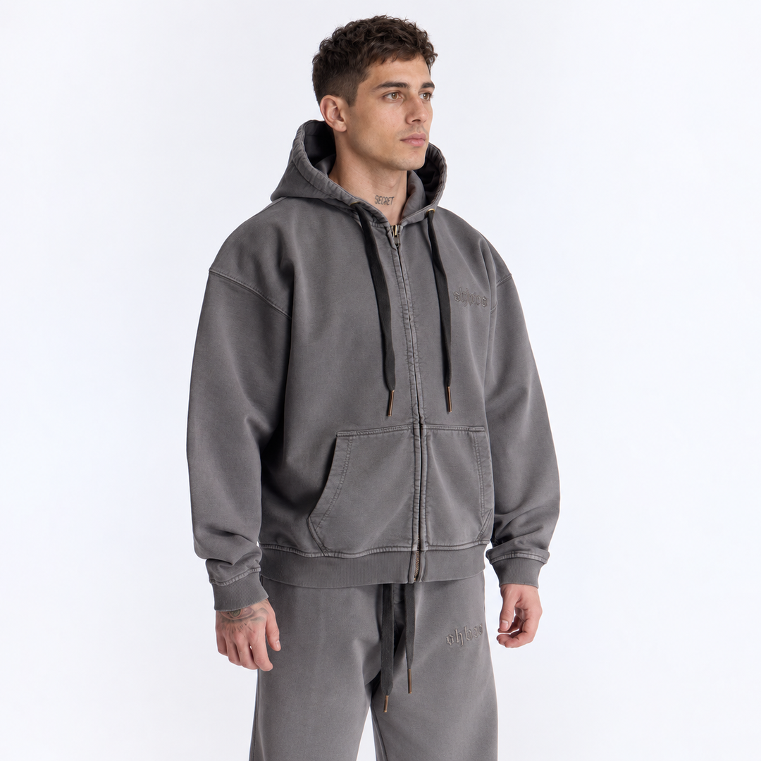 Gri Yıkamalı Kapüşonlu Fermuarlı Oversize Sweatshirt
