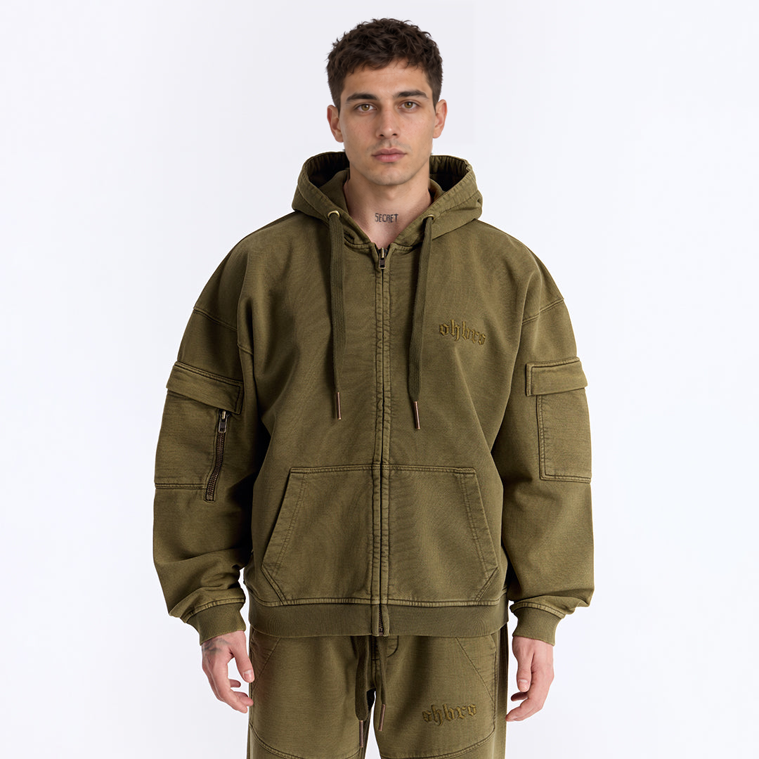 Haki Yıkamalı Kapüşonlu Fermuarlı Oversize Cep Detaylı Sweatshirt