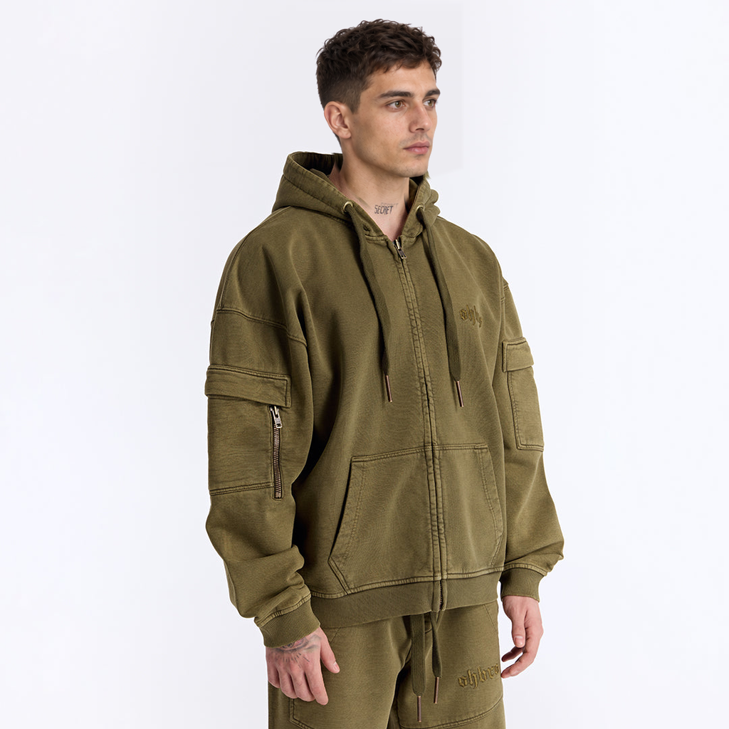 Haki Yıkamalı Kapüşonlu Fermuarlı Oversize Cep Detaylı Sweatshirt