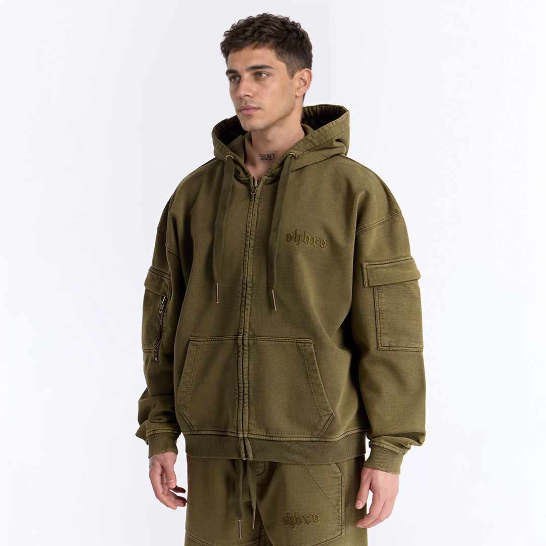 Haki Yıkamalı Kapüşonlu Fermuarlı Oversize Cep Detaylı Sweatshirt