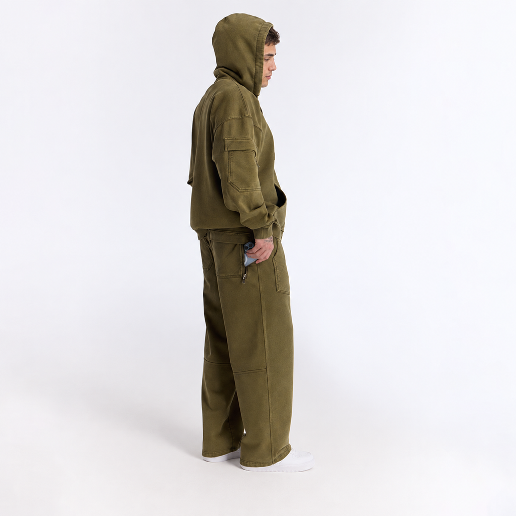 Haki Yıkamalı Kapüşonlu Fermuarlı Oversize Cep Detaylı Sweatshirt