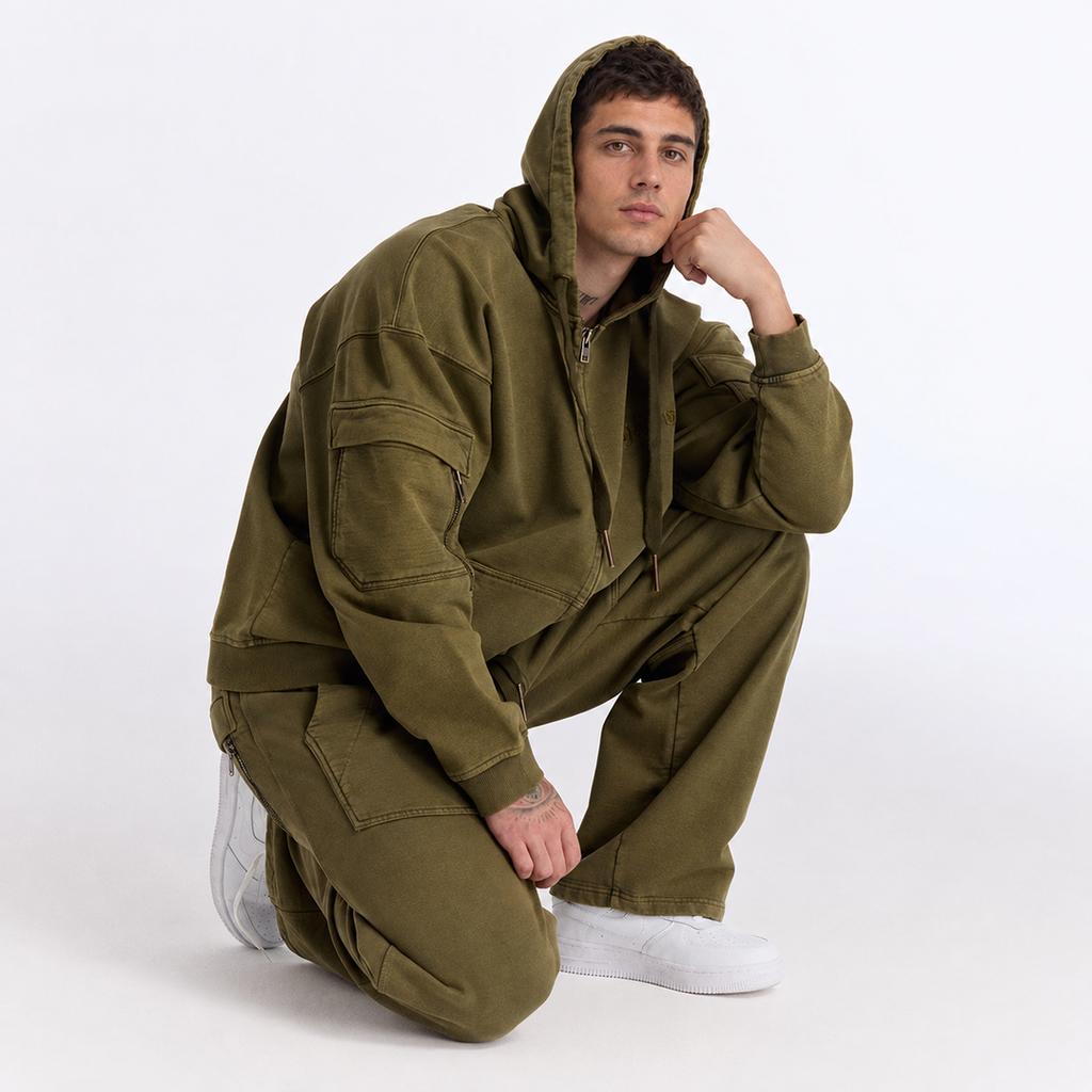 Haki Yıkamalı Kapüşonlu Fermuarlı Oversize Cep Detaylı Sweatshirt