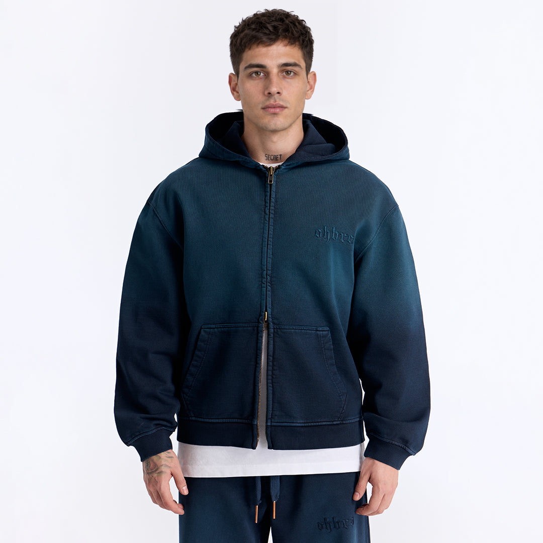 Sun Fade Lacivert Kapüşonlu Fermuarlı Boxy Fit Sweatshirt