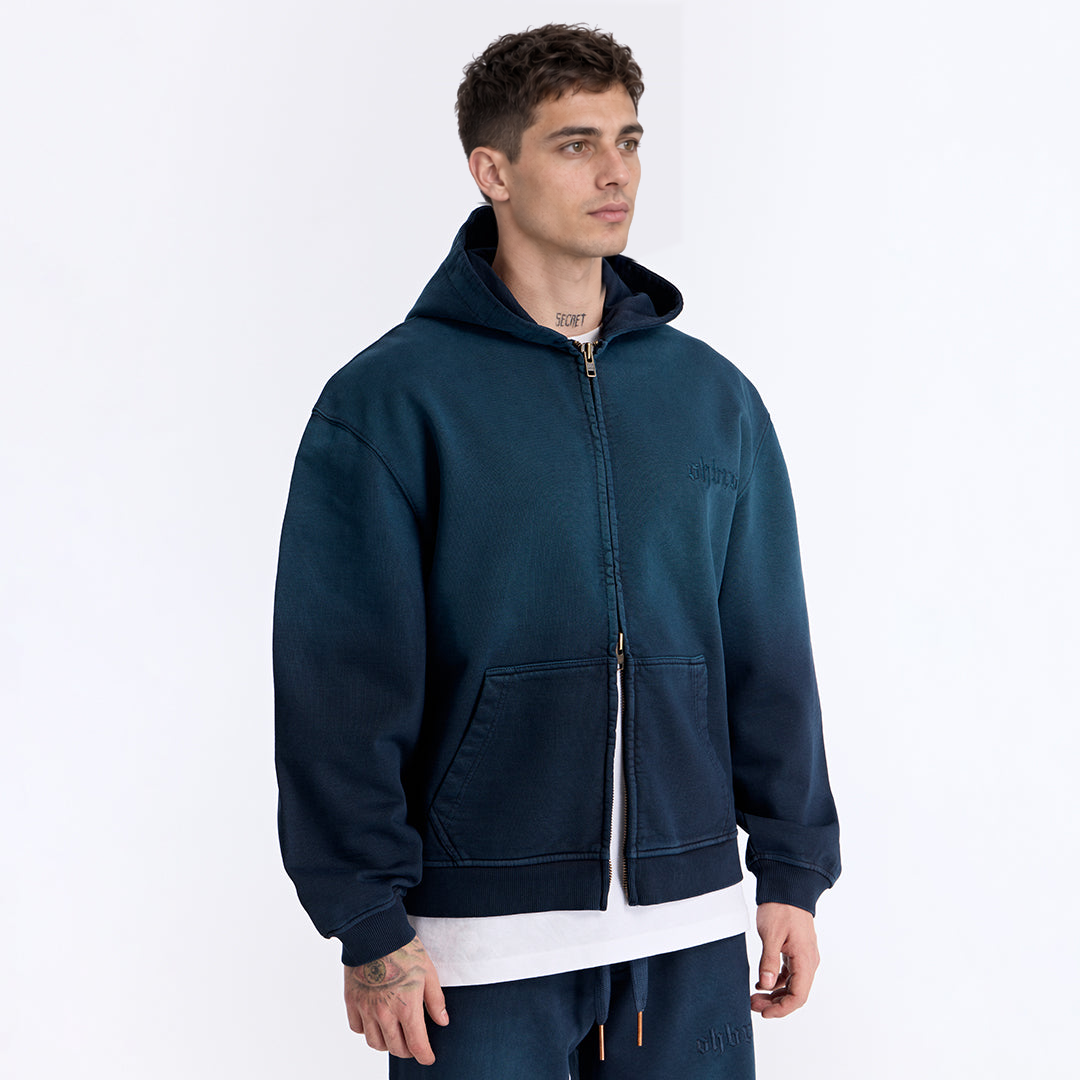 Sun Fade Lacivert Kapüşonlu Fermuarlı Boxy Fit Sweatshirt
