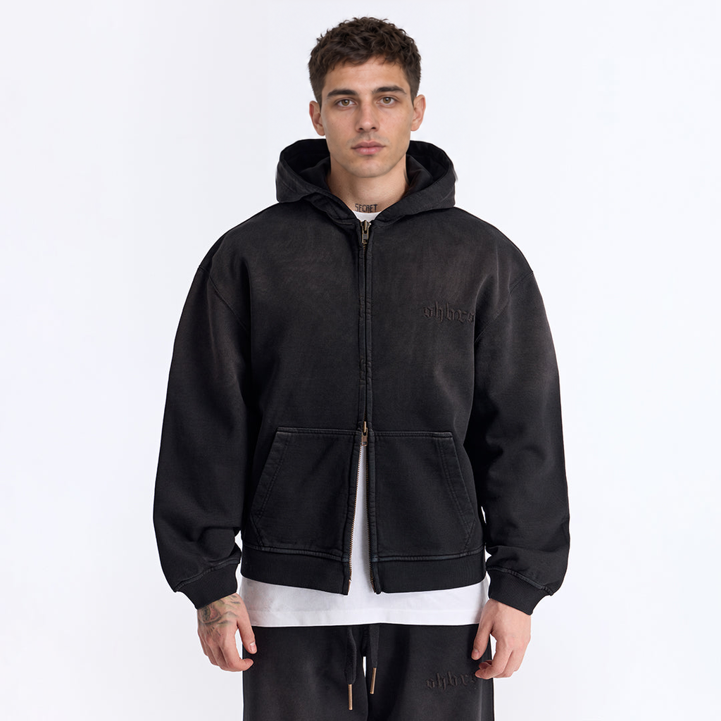 Sun Fade Siyah Kapüşonlu Fermuarlı Boxy Fit Sweatshirt