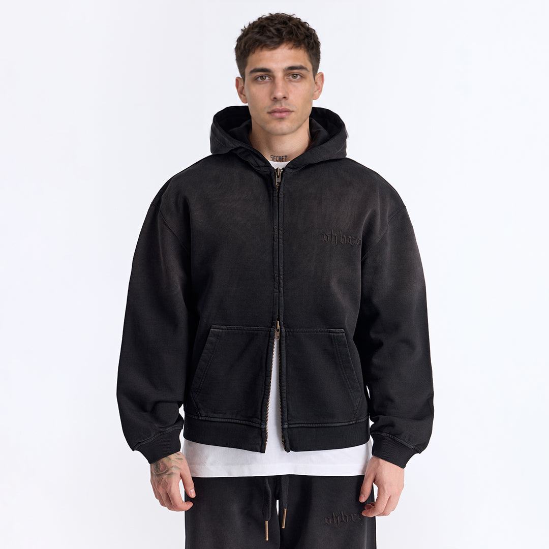 Sun Fade Siyah Kapüşonlu Fermuarlı Boxy Fit Sweatshirt
