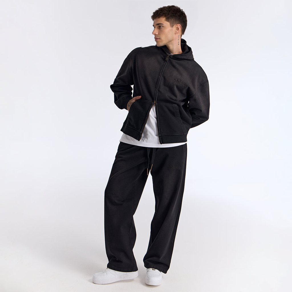 Sun Fade Siyah Kapüşonlu Fermuarlı Boxy Fit Sweatshirt
