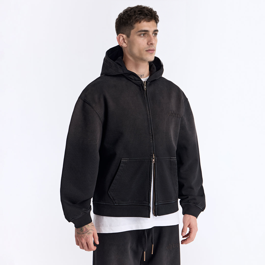 Sun Fade Siyah Kapüşonlu Fermuarlı Boxy Fit Sweatshirt