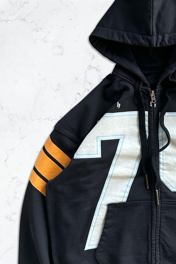 Siyah 75 Baskılı Kapüşonlu Fermuarlı Oversize Sweatshirt