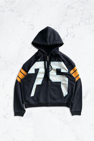 Siyah 75 Baskılı Kapüşonlu Fermuarlı Oversize Sweatshirt