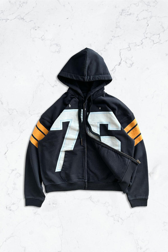 Siyah 75 Baskılı Kapüşonlu Fermuarlı Oversize Sweatshirt