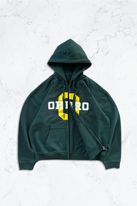 Yeşil Kolej Baskılı Kapüşonlu Fermuarlı Oversize Sweatshirt