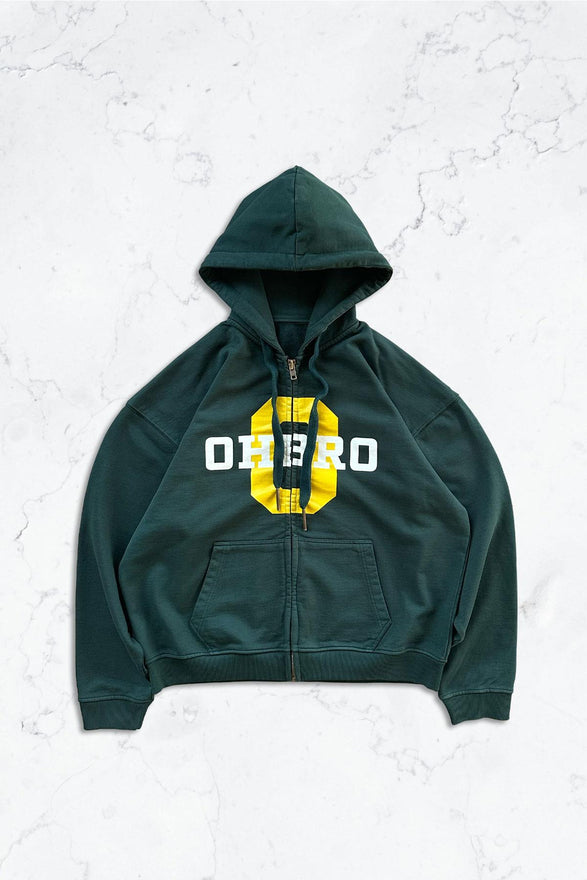 Yeşil Kolej Baskılı Kapüşonlu Fermuarlı Oversize Sweatshirt